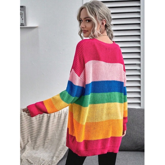 Colorblock Multicolor Long Button Up Knit Cardigan V-Neck - Picture 3 of 7